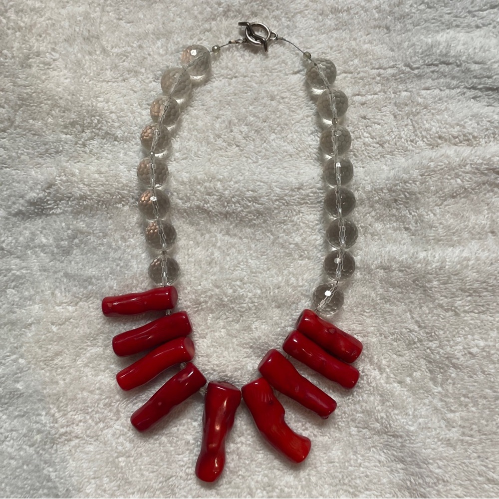 Chunky Red Coral And Clear Whiter Beaded Necklace With 925 Clasp
